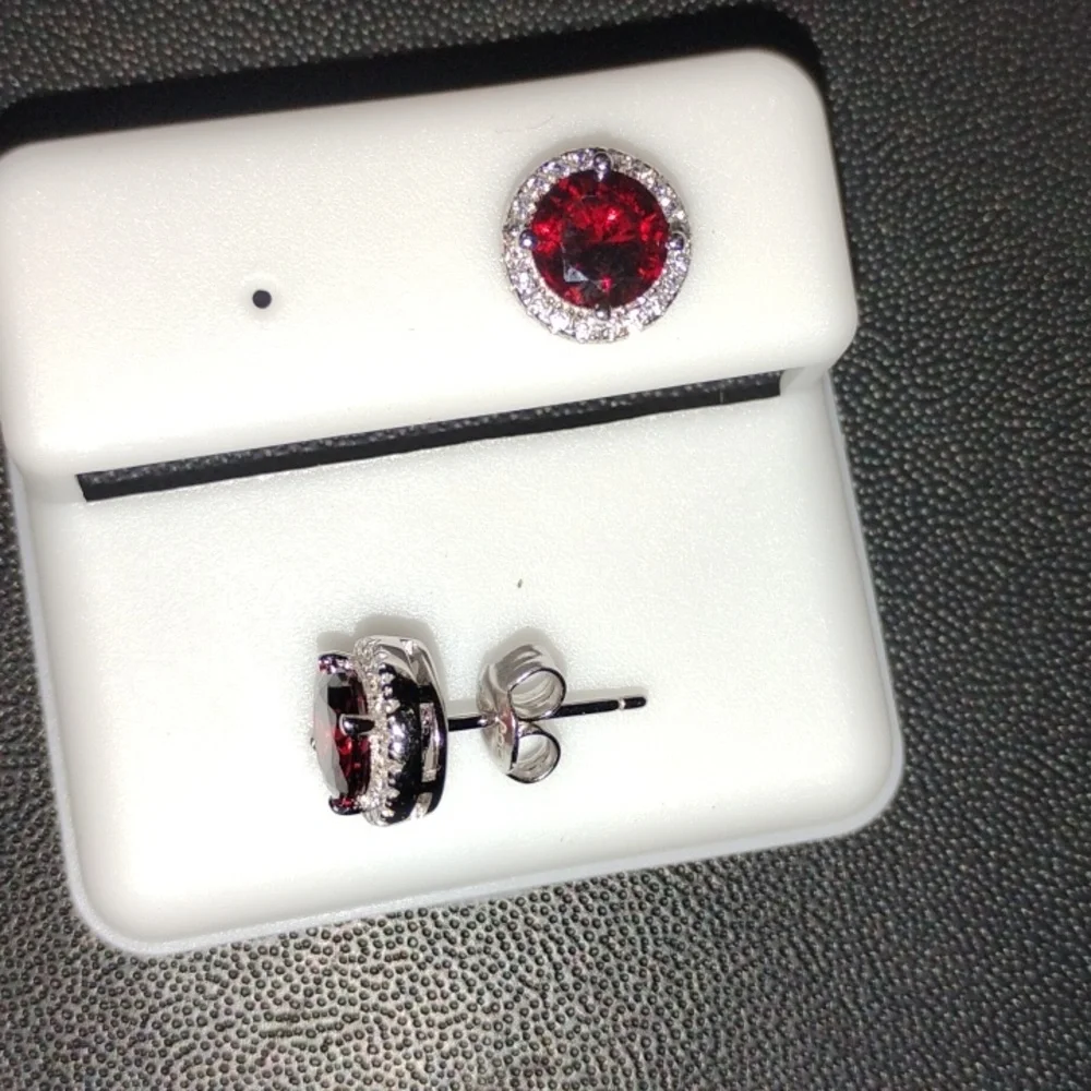 Halo Ruby Red Stud Earrings With Clear Accent Stones